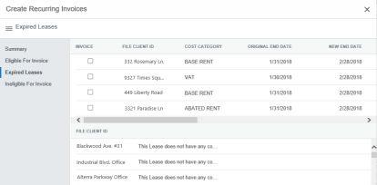 Expired Leases detail section of the Create Recurring Invoices window.